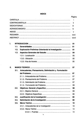 INDICE
Página
CARÁTULA .........................................................................................
CONTRACARÁTULA ............................................................................ ii
DEDICATORIAS.................................................................................. iii
AGRADECIMIENTO .................................... .................. ........................ iv
INDICE............................................................................................... V
RESUMEN .......................................... ......... ....................................... XXXV
ABSTRACT ...................................................... .................................... xxxvi
l. INTRODUCCION ..•...•.......•.........•.....•................................•.......•. 01
1.1. Generalidades •.................................................................. 01
1.2. Exploración Preliminar Orienta_ndo la Investigación ..•............ 01
1.3. Aspectos Generales del Estudio ..••..•....•.............................. 04
1.3.1.- Localización ......... ......... ......... ........................... ....... 05
1.3.2.- Ubicación ................................................................ 05
1.3.3.-Vías de Acceso ............................................. ............ 05
11. MARCO TEORICO ..........•...:........................................................ 07
2.1. Antecedentes, Planeamiento, Delimitación y Formulación
del Problema ..................................................................... 07
2.1.1.- Antecedentes del Problema ......................................... 07
2.1.2.- Planteamiento del Problema ......... ................................ 07
2.1.3.- Delimitación del Problema ............................................ 07
2.1.4.- Formulación del Problema........................................... 08
2.2. Objetivos: General y Específico .......................................... 08
2.2.1.-0bjetivo General........................................................ 08
2.2.2.- Objetivos Específicos................................................. 08
2.3. Justificación de la Investigación ........•..••............................ 09
2.4. Delimitación de la Investigación ...........••............................. 09
2.5. Marco Teórico ...........•...........•.....................•.................... 1O
2.5.1.- Antecedentes de la Investigación ................................. 1O
2.5.2.- Marco Teórico........................................................... 14
2.5.2.1.- Puentes ............ ......... ......... .......................... 14
V
 