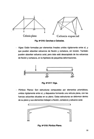 Celosía plana Celosía espacial
Fig. N2 016: Cerchas o Celosías.
- Vigas: Están formadas por elementos lineales unidos rígidamente entre sí, y
que pueden absorber esfuerzos de flexión y cortadura, sin torsión. También
pueden absorber esfuerzo axial, pero éste está desacoplado de los esfuerzos
de flexión y cortadura, en la hipótesis de pequeñas deformaciones.
~
~ i¡
o o
77T 77T
Fig. N2 017: Viga.
- Pórticos Planos: Son estructuras compuestas por elementos prismáticos,
unidos rígidamente entre sí, y dispuestos formando una retícula plana, con las
fuerzas actuantes situadas en su plano. Estas estructuras se deforman dentro
de su plano y sus elementos trabajan a flexión, cortadura y esfuerzo axial.
Fig. N2 018: Pórtico Plano.
33
 