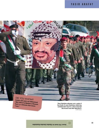 Y A S I R A R A F A T
31
Answer:PLOstandsforPalestineLiberationOrganization.
★
These Palestinian policemen carry a poster of
Yasir Arafat. To many Palestinians, Arafat long
symbolized their hope for a return to the land
that became Israel after World War II.
© AFP/Corbis
DID YOU KNOW?Arafat’s full name was Muhammad‘Abd al-Ra’uf al-Qudwah al-Husayni.Yasir is a nickname that means“easy.”
 