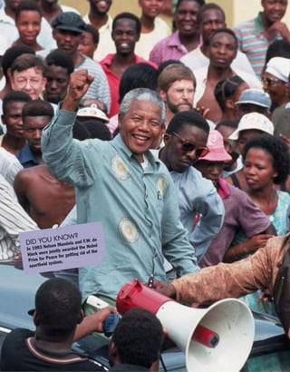 DID YOU KNOW?
In 1993 Nelson Mandela and F.W. de
Klerk were jointly awarded the Nobel
Prize for Peace for getting rid of the
apartheid system.
 
