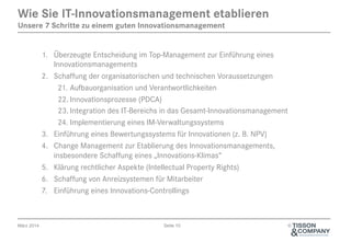 April 2014 Seite 10 ©
1.  Überzeugte Entscheidung im Top-Management zur Einführung eines Innovations-
Managements
2.  Schaffung der organisatorischen und technischen Voraussetzungen
21.  Aufbauorganisation und Verantwortlichkeiten
22. Innovationsprozesse (PDCA)
23. Integration des IT-Bereichs in das Gesamt-Innovations-Management
24. Implementierung eines IM-Verwaltungssystems
3.  Einführung eines Bewertungssystems für Innovationen (z. B. NPV)
4.  Change Management zur Etablierung des Innovations-Managements,
insbesondere Schaffung eines „Innovations-Klimas“
5.  Klärung rechtlicher Aspekte (Intellectual Property Rights)
6.  Schaffung von Anreizsystemen für Mitarbeiter
7.  Einführung eines Innovations-Controllings
Wie Sie IT-Innovations-Management etablieren
Unsere 7 Schritte zu einem guten Innovations-Management
 