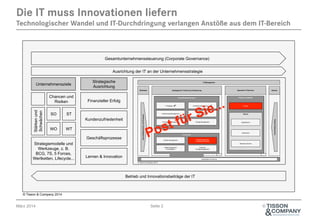 April 2014 Seite 2 ©
Die IT muss Innovationen liefern
Technologischer Wandel und IT-Durchdringung verlangen Anstöße aus dem IT-Bereich
Finanzieller Erfolg
Stärkenund
Schwächen
STSO
WTWO
Strategische
Ausrichtung
Kundenzufriedenheit
Geschäftsprozesse
Lernen & Innovation
Unternehmensziele
IT Governance
Chancen und
Risiken
Betrieb und Innovationsbeiträge der IT
Gesamtunternehmenssteuerung (Corporate Governance)
Strategiemodelle und
Werkzeuge, z. B.
BCG, 7S, 5 Forces,
Wertketten, Lifecycle...
Ausrichtung der IT an der Unternehmensstrategie
© Tisson & Company 2014
© Tisson & Company 2014
Geschäftsanforderungen
Business Strategische IT-Services & Steuerung Operative IT-Services
Governance
IT-Strategie ✔
Risikomanagement
& Compliance
Portfolio Management
Architektur-Management ✔
Innovations-Management
Geschäftsprozess-
Management
Anforderungs-Management
Projektmanagement,
Controlling & Qualität
Einkauf &
Vertragsmanagement
Projekte und Betrieb
Betrieb
GeschäftsbereicheundProzesse
Projekte
Applikationen
Infrastruktur
Benutzer-Services
Change Management
IT-Management
Partner
ExterneRessourcen
... ...
Organisation & Führung
 