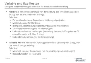 Juni 2014 Seite 21 ©
Variable und fixe Kosten
Eine gute Kostenrechnung ist die Basis für eine Kostenflexibilisierung
§  Fixkosten: Mindern unabhängig von der Leistung des Investitionsguts den
Ertrag, den es pro Zeiteinheit erbringt.
Beispiele:
§  Personal und externe Consultants bei Langzeitprojekten
§  Mieten/Leasing für Hardware
§  Bilanzielle Abschreibungen (zeitraumbezogene Investitionen)
§  Zinsen (zeitraumbezogene Finanzierungen)
§  kalkulatorische Abschreibungen (Verteilung der Anschaffungskosten für
einen Computer z.B. über 5 Jahre)
§  kalkulatorische Zinsen (für die Finanzierung)
§  Variable Kosten: Mindern in Abhängigkeit von der Leistung den Ertrag, den
das Investitionsgut erbringt.
Beispiele:
§  Mitarbeit externer Consultants (bei Beschäftigungsschwankungen)
§  Reparaturkosten für Hardware
 