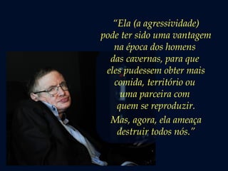“Ela (a agressividade)
pode ter sido uma vantagem
na época dos homens
das cavernas, para que
eles pudessem obter mais
comida, território ou
uma parceira com
quem se reproduzir.
Mas, agora, ela ameaça
destruir todos nós.”
 