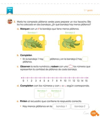100
UNIDAD
4 1.er
grado
Cien
2.	 María ha comprado plátanos verdes para preparar un rico tacacho. Ella
los ha colocado en dos bandejas.¿En qué bandeja hay menos plátanos?
a.	Marquen con un la bandeja que tiene menos plátanos.
b.	 Completen.
•	 En la bandeja 1 hay plátanos y en la bandeja 2 hay
plátanos.
c.	 Observen la recta numérica y rodeen con una los números que
representan la cantidad de plátanos de cada bandeja.
d.	Completen con los números y con > o <, según corresponda.
e.	 Pinten el recuadro que contiene la respuesta correcta.
•	 Hay menos plátanos en la
Bandeja 1 Bandeja 2
	0	1	2	3	4	5	6	7	8	9	10	11	12	13	14	15
Bandeja 1 Bandeja 2
bandeja 1 bandeja 2 .
 