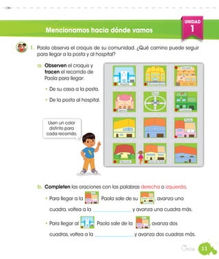 11
UNIDAD
1
Once
Mencionamos hacia dónde vamos
b.	Completen las oraciones con las palabras derecha o izquierda.
•	Para llegar a la Paola sale de su , avanza una
	 cuadra, voltea a la _________________ y avanza una cuadra más.
•	Para llegar al Paola sale de la , avanza dos
	 cuadras, voltea a la _________________ y avanza dos cuadras más.
1.	 Paola observa el croquis de su comunidad. ¿Qué camino puede seguir
para llegar a la posta y al hospital?
a.	Observen el croquis y
tracen el recorrido de
Paola para llegar:
•	De su casa a la posta.
•	De la posta al hospital.
Posta
Casa de Paola
Hospital
Usen un color
distinto para
cada recorrido.
Manuel
Posta
Casa de Paola
Hospital
Posta
Casa de Paola
Hospital
MunicipalidadHospital I. E. N.˚ 1070
Escuela
Plaza
Posta
Iglesia Comisaría
Mercado Casa de Paola
Posta
Casa de Paola
Hospital
 