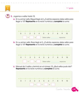 130
1.er
grado
UNIDAD
5
Ciento treinta
2.	 Jugamos a saltar hasta 10.
0	1	 2	3	4	5	 6	7	8	9	10
	 +	 +	 =
a.	En su primer salto,Miguel llegó al 4.¿Cuántos espacios debe saltar para
llegar a 10? Representa en la recta numérica y completa la suma.
0	1	 2	3	4	5	 6	7	8	9	10
	 +	 =	 Debe saltar ____________ espacios.
b.	En su primer salto, Rosa llegó al 3. ¿Cuántos espacios debe saltar para
llegar a 10? Representa en la recta numérica y completa la suma.
0	1	 2	3	4	5	 6	7	8	9	10
	 +	 =	 Debe saltar ____________ espacios.
c.	 Manuel dio 3 saltos y terminó en el número 10. ¿Qué saltos pudo dar?
Representa en la recta numérica y completa la suma.
 