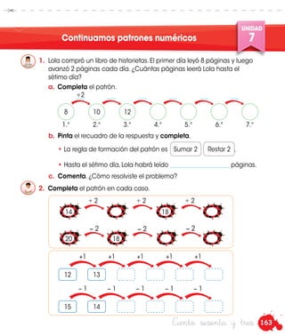 163
UNIDAD
7
Ciento sesenta y tres
Continuamos patrones numéricos
1.	 Lola compró un libro de historietas. El primer día leyó 8 páginas y luego
avanzó 2 páginas cada día. ¿Cuántas páginas leerá Lola hasta el
sétimo día?
2.	 Completa el patrón en cada caso.
a.	 Completa el patrón.
b.	 Pinta el recuadro de la respuesta y completa.
	 • La regla de formación del patrón es .
	 • Hasta el sétimo día, Lola habrá leído ____________________ páginas.
Sumar 2 Restar 2
8 10 12
1.° 3.° 6.°2.° 5.°4.° 7.°
+2
+ 2
− 2
1820
14 18
+ 2 + 2
− 2 − 2
c.	 Comenta. ¿Cómo resolviste el problema?
12 13
+1 +1+1 +1 +1
15 14
− 1 − 1− 1 − 1 − 1
 