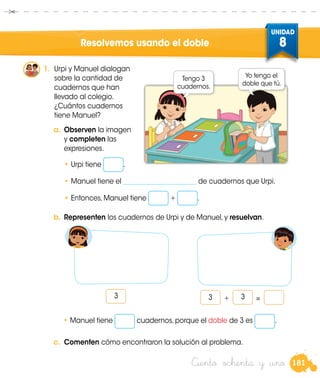 181
UNIDAD
8Resolvemos usando el doble
a.	Observen la imagen
y completen las
expresiones.
•	Urpi tiene .
•	Manuel tiene el ______________________ de cuadernos que Urpi.
•	Entonces, Manuel tiene + .
b.	Representen los cuadernos de Urpi y de Manuel, y resuelvan.
•	Manuel tiene cuadernos, porque el doble de 3 es .
3 + =
1.	 Urpi y Manuel dialogan
sobre la cantidad de
cuadernos que han
llevado al colegio.
¿Cuántos cuadernos
tiene Manuel?
3 3
Ciento ochenta y uno
c.	 Comenten cómo encontraron la solución al problema.
Yo tengo el
doble que tú.
Tengo 3
cuadernos.
 