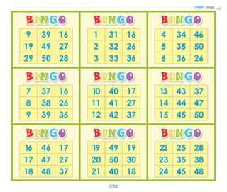 255
BINGO
7 37 16
8 38 26
9 39 36
BINGO
16 46 17
17 47 27
18 48 37
BINGO
1 31 16
2 32 26
3 33 36
BINGO
10 40 17
11 41 27
12 42 37
BINGO
19 49 19
20 50 30
21 40 18
BINGO
4 34 46
5 35 50
6 36 26
BINGO
13 43 37
14 44 47
15 45 50
BINGO
22 25 28
23 35 38
24 45 48
Troquel: Bingo
BINGO
9 39 16
19 49 27
29 50 28
 