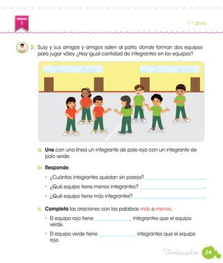 24
UNIDAD
1 1.er
grado
Veinticuatro
a.	 Une con una línea un integrante de polo rojo con un integrante de
polo verde.
b.	 Responde.
•	¿Cuántos integrantes quedan sin pareja? __________________________.
•	 ¿Qué equipo tiene menos integrantes? ____________________________.
•	 ¿Qué equipo tiene más integrantes? _______________________________.
c.	 Completa las oraciones con las palabras más o menos.
•	 El equipo rojo tiene ________________ integrantes que el equipo
verde.
•	 El equipo verde tiene ________________ integrantes que el equipo
rojo.
2.	 Susy y sus amigas y amigos salen al patio, donde forman dos equipos
para jugar vóley. ¿Hay igual cantidad de integrantes en los equipos?
 