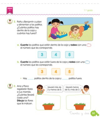 32
UNIDAD
1 1.er
grado
Treinta y dos
Ana
Paco
a.	Cuenta los pollitos que están dentro de la caja y rodea con una
el número que les corresponde.
	
3 4 5
b.	Cuenta los pollitos que están fuera de la caja y rodea con una
el número que les corresponde.
	
3 4 5
3.	 Ana y Paco
regalarán flores
a sus mamás.
¿Cuántas llevará
cada uno?
Dibuja las flores
que te indican.
Llevaré más de
3 y menos de 5.
2.	 Patty y Benjamín cuidan
y alimentan a los pollitos.
¿Cuántos pollitos hay
dentro de la caja y
cuántos hay fuera?
Llevaré menos
de 5 y más de 3.
•	Hay ______ pollitos dentro de la caja y ______ pollitos fuera.
 