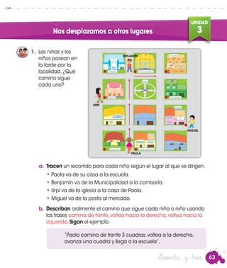 63
UNIDAD
3
Sesenta y tres
Nos desplazamos a otros lugares
a.	Tracen un recorrido para cada niño según el lugar al que se dirigen.
•	Paola va de su casa a la escuela.
•	Benjamín va de la Municipalidad a la comisaría.
•	Urpi va de la iglesia a la casa de Paola.
•	Miguel va de la posta al mercado.
b.	Describan oralmente el camino que sigue cada niña o niño usando
las frases camina de frente, voltea hacia la derecha, voltea hacia la
izquierda. Sigan el ejemplo.
“Paola camina de frente 3 cuadras, voltea a la derecha,
avanza una cuadra y llega a la escuela”.
1.	 Las niñas y los
niños pasean en
la tarde por la
localidad. ¿Qué
camino sigue
cada uno?
MunicipalidadHospital I. E. N.˚ 1070
Escuela
Plaza
Posta
Iglesia Comisaria
Mercado Casa de Paola
URPI
MIGUEL
BENJAMÍNBenjamin
PAOLA
 