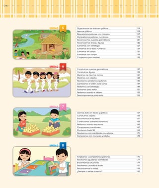 Organizamos los datos en gráficos	 113
Leemos gráficos	 115
Descubrimos patrones con números	 117
Completamos patrones numéricos	 119
Reconocemos cuerpos geométricos	 121
Reconocemos líneas y figuras	 125
Sumamos con estrategia	 127
Sumamos en la recta numérica	 129
Sumamos sin canjes	 131
Sumamos con canjes	 133
Canjeamos para resolver	 135
Ampliamos y completamos patrones	 175
Resolvemos igualando cantidades	 177
Encontramos soluciones	 179
Resolvemos usando el doble	 181
Reconocemos la mitad	 183
¿Siempre, a veces o nunca?	 185
UNIDAD
Construimos cuerpos geométricos	 137
Construimos figuras	 139
Medimos de muchas formas	 141
Medimos con objetos	 143
Resolvemos problemas quitando	 145
Cambiamos el orden para sumar	 147
Restamos con estrategia	 149
Tachamos para restar	 151
Restamos usando el tablero	 153
Descomponemos para restar	 155
6UNIDAD
7UNIDAD
Leemos datos en tablas y gráficos	 157
Construimos objetos	 159
Encontramos el equilibrio	 161
Continuamos patrones numéricos	 163
Restamos usando esquemas	 165
Comparamos cantidades	 167
Contamos hasta 50	 169
Resolvemos con cantidades monetarias	 171
Compramos con monedas y billetes	 173
8UNIDAD
5
 