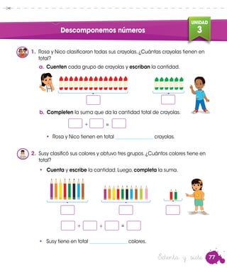 77
UNIDAD
3Descomponemos números
a.	Cuenten cada grupo de crayolas y escriban la cantidad.
2.	 Susy clasificó sus colores y obtuvo tres grupos. ¿Cuántos colores tiene en
total?
•	 Cuenta y escribe la cantidad. Luego, completa la suma.
b.	Completen la suma que da la cantidad total de crayolas.
	 	 	 + =
•	 Rosa y Nico tienen en total ________________ crayolas.
Rosa
Susy
Nico
+ =
1.	 Rosa y Nico clasificaron todas sus crayolas. ¿Cuántas crayolas tienen en
total?
+
•	 Susy tiene en total ________________ colores.
Setenta y siete
 