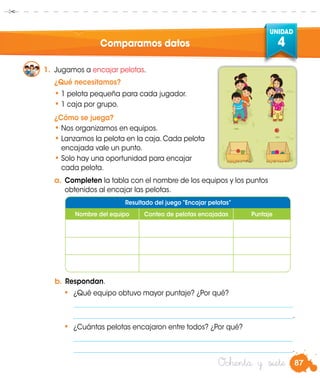 87
UNIDAD
4
Ochenta y siete
Comparamos datos
1.	 Jugamos a encajar pelotas.
¿Qué necesitamos?
•	1 pelota pequeña para cada jugador.
•	1 caja por grupo.
¿Cómo se juega?
•	Nos organizamos en equipos.
•	Lanzamos la pelota en la caja. Cada pelota
encajada vale un punto.
•	Solo hay una oportunidad para encajar
cada pelota.
a.	Completen la tabla con el nombre de los equipos y los puntos
obtenidos al encajar las pelotas.
b.	Respondan.
•	 ¿Qué equipo obtuvo mayor puntaje? ¿Por qué?
		__________________________________________________________________
	 __________________________________________________________________.
•	 ¿Cuántas pelotas encajaron entre todos? ¿Por qué?
	 __________________________________________________________________
	 __________________________________________________________________.
Resultado del juego“Encajar pelotas”
Nombre del equipo Conteo de pelotas encajadas Puntaje
 