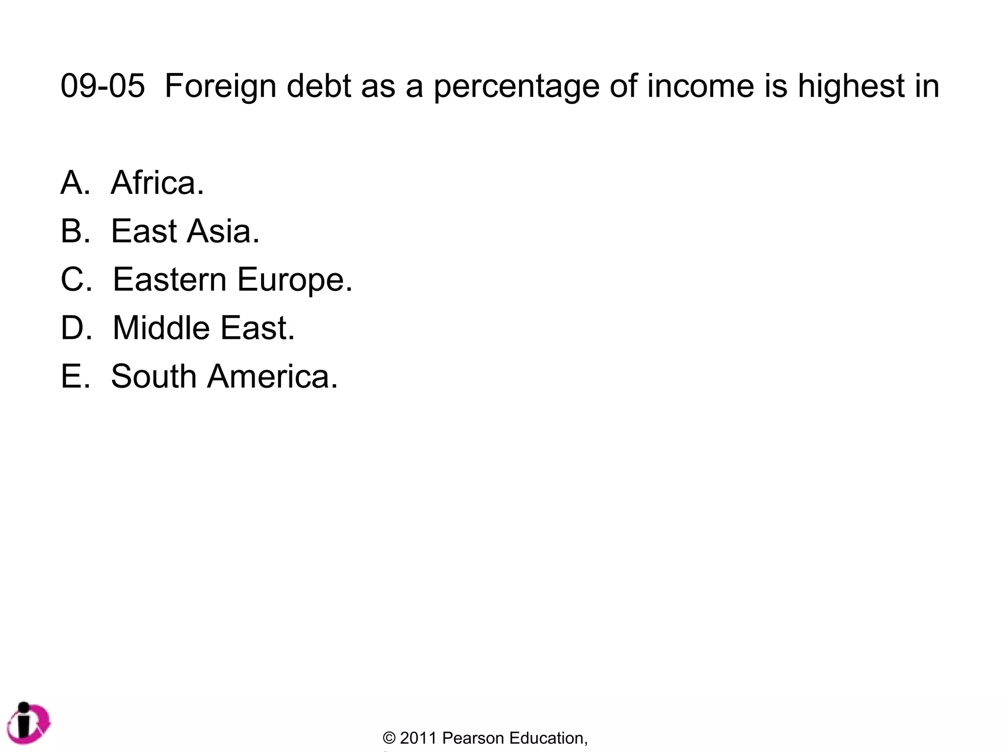09-05 Foreign debt as a percentage of income is highest in
A.
B.
C.
D.
E.

Africa.
East Asia.
Eastern Europe.
Middle East.
South America.

© 2011 Pearson Education,

 