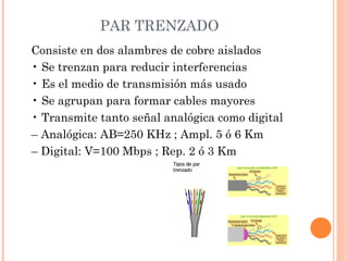 PAR TRENZADO
Consiste en dos alambres de cobre aislados
• Se trenzan para reducir interferencias
• Es el medio de transmisión más usado
• Se agrupan para formar cables mayores
• Transmite tanto señal analógica como digital
– Analógica: AB=250 KHz ; Ampl. 5 ó 6 Km
– Digital: V=100 Mbps ; Rep. 2 ó 3 Km

 