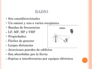 RADIO
• Son omnidireccionales
• Un emisor y uno o varios receptores
• Bandas de frecuencias
– LF, MF, HF y VHF
• Propiedades:
– Fáciles de generar
– Largas distancias
– Atraviesan paredes de edificios
– Son absorbidas por la lluvia
– Sujetas a interferencias por equipos eléctricos

 