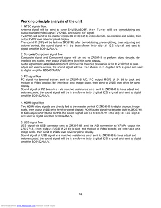 14
Working principle analysis of the unit
1. NTSC signals flow:
Antenna signal will be send to tuner ENV56U05D8F, then Tuner will be demodulating and
output standard video signal TV-CVBS, and sound SIF signal.
TV-CVBS will send to the master control IC ZR39748 to video decode, de-interlace and scaler, then
output LVDS level drive for panel display.
The sound IF (SIF) will be fed into ZR39748, after demodulating, pre-amplifying, bass adjusting and
volume control, the sound signal will be transform into digital I2S signal and sent to
digital amplifier BD5452AMUV.
2. Composite/Component signal flow
Composite signal and Component signal will be fed to ZR39748 to perform video decode, de-
interlace and scaler, then output LVDS drive level for panel display.
Audio signal from Composite/Component terminal via matched resistance is fed to ZR39748 to bass
adjust and volume control, the sound signal will be transform into digital I2S signal and sent
to digital amplifier BD5452AMUV.
3. PC signal flow
PC signal via terminal socket sent to ZR39748 A/D, PC output R/G/B of 24 bit to back end
module to Video decode, de-interlace and image scale, then send to LVDS level drive for panel
display.
Sound signal of PC terminal via matched resistance and sent to ZR39748 to bass adjust and
volume control, the sound signal will be transform into digital I2S signal and sent to digital
amplifier BD5452AMUV.
4. HDMI signal flow
Two HDMI video signals are directly fed to the master control IC ZR39748 to digital decode, image
scale, then output LVDS drive level for panel display. HDMI audio signal via decoder built-in ZR39748
to bass adjust and volume control, the sound signal will be transform into digital I2S signal
and sent to digital amplifier BD5452AMUV.
5. USB signal flow
USB signal via USB connector sent to ZR39748 and its A/D conversion to YPbPr output for
ZR39748, then output R/G/B of 24 bit to back end module to Video decode, de-interlace and
image scale, then send to LVDS level drive for panel display.
Sound signal of USB signal via matched resistance and sent to ZR39748 to bass adjust and
volume control, the sound signal will be transform into digital I2S signal and sent to digital
amplifier BD5452AMUV.
Downloaded from www.Manualslib.com manuals search engine
 