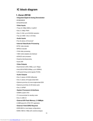 16
IC block diagram
1. Zoran ZR748
• Integrated Digital & Analog Demodulator
• 8VSB/QAM-B
• NTSC/BTSC/A2K
• Video Inputs
• Three (3) 1080p HDMI (v1.4a/DC)*
• One (1) 1080p YPbPr
• One (1) VGA, up to WUXGA resolution
• Two (2) CVBS*, One (1) S-Video
• Audio Inputs
• Five (5) stereo L/R line-level*
• Internal Video/Audio Processing
• NTSC video decoder
• MPEG-2 decoder
• 10-bit video processing
• 1080i motion-adaptive de-interlacer
• ACM-2D color processor
• Graphics blending/overlay
• Audio DSP
• Video Outputs
• Dual-channel LVDS (1080p, up to 10bpp)
• miniLVDS & RSDS (6/8bpp, up to 330MHz)
• LCD panel timing control signals (TCON)
• Audio Outputs
• One (1) stereo L/R DDX differential
• One (1) stereo L/R single-ended DDX
• Optional up-to-four (4) more single-ended DDX
• Optional up-to-three (3) I2S stereo pairs
• One (1) S/PDIF
• System Processors & Interfaces
• 300MHz system CPU
• TV microcontroller for standby mode
• One (1) USB 2.0
• External SPI Flash Memory: 2-16MByte
• 2-4MB typical for ATSC DTV application
• External 16-bit DDR2 Required
• DDR2-800 for most design configurations
• DDR2-1066 for 1080p with overdrive designs
Downloaded from www.Manualslib.com manuals search engine
 