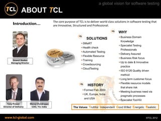 a global vision for software testing
                 ABOUT TCL
                                              The core purpose of TCL is to deliver world class solutions in software testing that
         Introduction…                        are Innovative, Structured and Professional.

                                                                                                   WHY
                                                                                                    Business Domain
                                                                         SOLUTIONS
                                                                                                    Knowledge
                                                                      SMaRT
                                                                                                    Specialist Testing
                                                                      Health check
                                                                                                    Professionals
                                                                      Automated Testing
                                                                                                    Delivery Assured
                                                                      Flexible Resource
                                                                                                    Business Risk focus
         Stewart Noakes                                               Training
       Managing Director                                                                            Up to date & Innovative
                                                                      Crowdsourcing
                                                                                                    practice
                                                                      CloudTesting
                                                                                                    ISO 9126 Quality driven
                                                                                                    method
                                                                                                    Long term customer focus
                                                                                                    Flexible resource models
                                                                          HISTORY
                                                                                                    that share risk
                                                                       Formed Feb 2000
                                                                                                    Meeting business need via
                                                                       UK, Europe, India
                                                                                                    pragmatic processes
                                                                       and USA
                                                                                                    Specialist Tool Kit
    Tony Prosser           Manoj Chandrappa
Director of Delivery        COO, TCL India                    The Values: Truthful Independent Good Willed Energetic Realistic


 www.tcl-global.com                                                                                                       ©TCL 2012
 