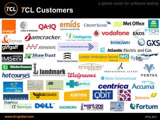 a global vision for software testing
         TCL Customers




www.tcl-global.com                                   ©TCL 2012
 