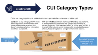 Creating CUI CUI Category Types
Once the category of CUI is determined then it will then fall under one of these two:
CUI Basic is any category of CUI which
a law, regulation, or Government-wide
policy says must be protected, but
doesn’t provide any further information
about how to protect it.
CUI Specified has different marking and handling requirements.
It is designed to accommodate the specific requirements of
certain customers. CUI Specified is NOT a “higher level” of CUI, it
is simply different and cannot be ignored or overlooked because
of laws, Federal regulations and government-wide policies.
Most CUI will be
CUI Basic 
Controlled Technical
Information (CTI)
(CUI//SP-CTI)
 