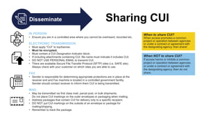 Disseminate Sharing CUI
IN PERSON
• Ensure you are in a controlled area where you cannot be overheard, recorded etc.
ELECTRONIC TRANSMISSION
• Must apply “CUI” to top/banner.
• Must be encrypted.
• Must contain a CUI Designation Indicator block.
• If including attachments containing CUI, file name must indicate it includes CUI.
• DO NOT USE PERSONAL EMAIL to transmit CUI.
• There are available Secure File Transfer Protocol (SFTP) sites (i.e. SAFE site).
Always check with your customer on which sites you are able to use.
FAX
• Sender is responsible for determining appropriate protections are in place at the
receiver end and Fax machine is located in a controlled government facility.
Sender should contact receiver to inform them CUI is being transmitted.
MAIL
• May be transmitted via first class mail, parcel post, or bulk shipments.
Do not place CUI markings on the outer envelopes or packaging when mailing.
• Address packages that contain CUI for delivery only to a specific recipient.
• DO NOT put CUI markings on the outside of an envelope or package for
mailing/shipping.
• Remember to track the package.
When to share CUI?
When access promotes a common
project or operation between agencies
or under a contract or agreement with
the designating agency, then share!
When NOT to share CUI?
If access harms or inhibits a common
project or operation between agencies
or under a contract or agreement with
the designating agency, then do not
share.
 