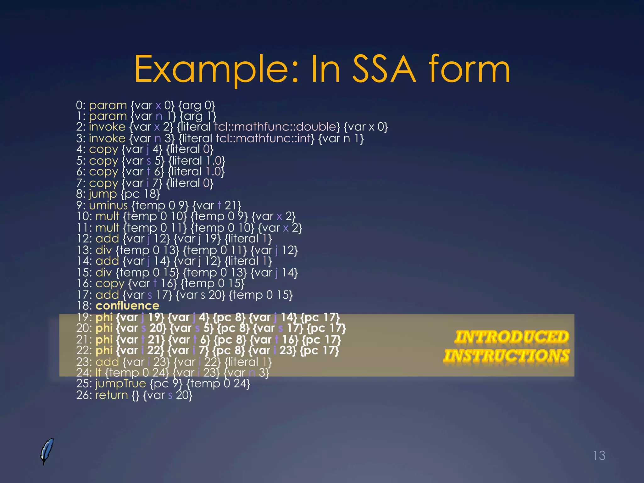 Example: In SSA form
0: param {var x 0} {arg 0}
1: param {var n 1} {arg 1}
2: invoke {var x 2} {literal tcl::mathfunc::double} {var x 0}
3: invoke {var n 3} {literal tcl::mathfunc::int} {var n 1}
4: copy {var j 4} {literal 0}
5: copy {var s 5} {literal 1.0}
6: copy {var t 6} {literal 1.0}
7: copy {var i 7} {literal 0}
8: jump {pc 18}
9: uminus {temp 0 9} {var t 21}
10: mult {temp 0 10} {temp 0 9} {var x 2}
11: mult {temp 0 11} {temp 0 10} {var x 2}
12: add {var j 12} {var j 19} {literal 1}
13: div {temp 0 13} {temp 0 11} {var j 12}
14: add {var j 14} {var j 12} {literal 1}
15: div {temp 0 15} {temp 0 13} {var j 14}
16: copy {var t 16} {temp 0 15}
17: add {var s 17} {var s 20} {temp 0 15}
18: confluence
19: phi {var j 19} {var j 4} {pc 8} {var j 14} {pc 17}
20: phi {var s 20} {var s 5} {pc 8} {var s 17} {pc 17}
21: phi {var t 21} {var t 6} {pc 8} {var t 16} {pc 17}
22: phi {var i 22} {var i 7} {pc 8} {var i 23} {pc 17}
23: add {var i 23} {var i 22} {literal 1}
24: lt {temp 0 24} {var i 23} {var n 3}
25: jumpTrue {pc 9} {temp 0 24}
26: return {} {var s 20}
13
 