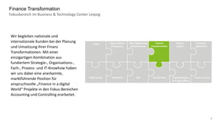 5
Fokusbereich im Business & Technology Center Leipzig
Finance Transformation
Data Engineering
& Governance
Cyber Defense
& Response
Cloud Finance
Transformation
Human
Capital
Insurance
Operations
Public Sector Salesforce SAP Transformation
& Project Office
Service Now … more to come
Wir begleiten nationale und
internationale Kunden bei der Planung
und Umsetzung ihrer Finanz
Transformationen. Mit einer
einzigartigen Kombination aus
fundiertem Strategie-, Organisations-,
Fach-, Prozess- und IT-Knowhow haben
wir uns dabei eine anerkannte,
marktführende Position für
anspruchsvolle „Finance in a digital
World“ Projekte in den Fokus-Bereichen
Accounting und Controlling erarbeitet.
 