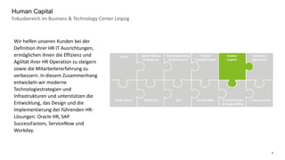 6
Fokusbereich im Business & Technology Center Leipzig
Human Capital
Data Engineering
& Governance
Cyber Defense
& Response
Cloud Finance
Transformation
Human
Capital
Insurance
Operations
Public Sector Salesforce SAP Transformation
& Project Office
Service Now … more to come
Wir helfen unseren Kunden bei der
Definition ihrer HR IT Ausrichtungen,
ermöglichen ihnen die Effizienz und
Agilität ihrer HR Operation zu steigern
sowie die Mitarbeitererfahrung zu
verbessern. In diesem Zusammenhang
entwickeln wir moderne
Technologiestrategien und
Infrastrukturen und unterstützen die
Entwicklung, das Design und die
Implementierung der führenden HR-
Lösungen: Oracle HR, SAP
SuccessFactors, ServiceNow und
Workday.
 