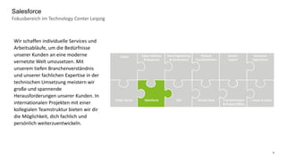 9
Fokusbereich im Technology Center Leipzig
Salesforce
Data Engineering
& Governance
Cyber Defense
& Response
Cloud Finance
Transformation
Human
Capital
Insurance
Operations
Public Sector Salesforce SAP Transformation
& Project Office
Service Now … more to come
Wir schaffen individuelle Services und
Arbeitsabläufe, um die Bedürfnisse
unserer Kunden an eine moderne
vernetzte Welt umzusetzen. Mit
unserem tiefen Branchenverständnis
und unserer fachlichen Expertise in der
technischen Umsetzung meistern wir
große und spannende
Herausforderungen unserer Kunden. In
internationalen Projekten mit einer
kollegialen Teamstruktur bieten wir dir
die Möglichkeit, dich fachlich und
persönlich weiterzuentwickeln.
 