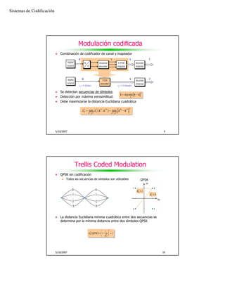Sistemas de Codificación




                                            Modulación codificada
                              Combinación de codificador de canal y mapeador




                              Se detectan secuencias de símbolos
                              Detección por máxima verosimilitud:
                              Debe maximizarse la distancia Euclidiana cuadrática




                           5/10/2007                                                               9




                                         Trellis Coded Modulation
                              QPSK sin codificación
                                   Todos las secuencias de símbolos son utilizables




                              La distancia Euclidiana mínima cuadrática entre dos secuencias se
                              determina por la mínima distancia entre dos símbolos QPSK




                           5/10/2007                                                              10
 