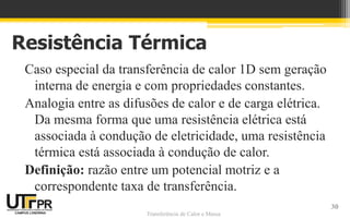Transferência de Calor e Massa
Resistência Térmica
Caso especial da transferência de calor 1D sem geração
interna de energia e com propriedades constantes.
Analogia entre as difusões de calor e de carga elétrica.
Da mesma forma que uma resistência elétrica está
associada à condução de eletricidade, uma resistência
térmica está associada à condução de calor.
Definição: razão entre um potencial motriz e a
correspondente taxa de transferência.
30
 
