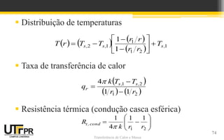 Transferência de Calor e Massa
 Distribuição de temperaturas
 Taxa de transferência de calor
 Resistência térmica (condução casca esférica)
     
  1
21
1
12
1
1
,s,s,s T
rr
rr
TTrT 








 
   21
21
11
4
rr
TTk
q ,s,s
r











21
11
4
1
rrk
R cond,t

74
 