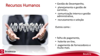 Recursos Humanos • Gestão do Desempenho,
• planejamento e gestão de
carreiras ,
• comunicação interna e gestão
administrativa,
• recrutamento e seleção
Outros como :
• folha de pagamento,
• holerite on-line,
• pagamento de fornecedores e
muito mais.
Beatriz
 