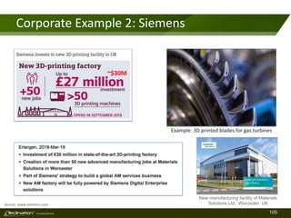 105TM
Consulting Services
Corporate Example 2: Siemens
New manufacturing facility of Materials
Solutions Ltd., Worcester, UKSource: www.siemens.com
~$30M
Example: 3D printed blades for gas turbines
 