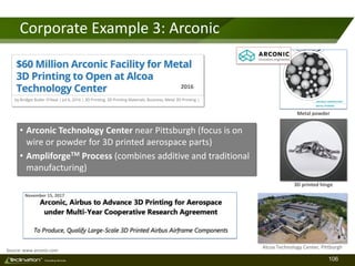 106TM
Consulting Services
Corporate Example 3: Arconic
• Arconic Technology Center near Pittsburgh (focus is on
wire or powder for 3D printed aerospace parts)
• AmpliforgeTM Process (combines additive and traditional
manufacturing)
Source: www.arconic.com
3D printed hinge
November 15, 2017
Alcoa Technology Center, Pittburgh
2016
Metal powder
 