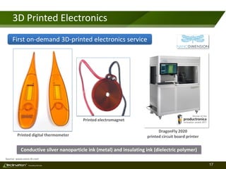 17TM
Consulting Services
3D Printed Electronics
First on-demand 3D-printed electronics service
Printed digital thermometer
Source: www.nano-di.com
DragonFly 2020
printed circuit board printer
Printed electromagnet
Conductive silver nanoparticle ink (metal) and insulating ink (dielectric polymer)
 