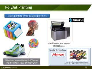39TM
Consulting Services
PolyJet Printing
J750 3D printer from Stratasys
(360,000 colors)
over 10 million colors and translucent
objects (but different materials properties)
Similar technology:
Inkjet printing of UV curable polymers
3D printer jets and instantly UV-cures
tiny droplets of liquid photopolymer
 