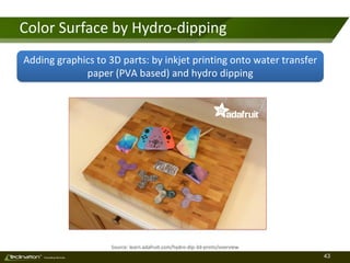 43TM
Consulting Services
Color Surface by Hydro-dipping
Source: learn.adafruit.com/hydro-dip-3d-prints/overview
Adding graphics to 3D parts: by inkjet printing onto water transfer
paper (PVA based) and hydro dipping
 