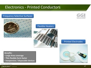 47TM
Consulting Services
Electronics - Printed Conductors
Source: GGI Solutions
Flexible Heaters
Printed Electrodes
Frequency Selective Surfaces
Benefits:
• Large Area coverage
• Thin flexible form factor
• Inexpensive / disposable devices
 