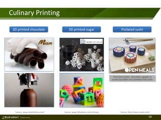 60TM
Consulting Services
Culinary Printing
Source: www.miamfactory.com/ Source: www.3dsystems.com/culinary Source: http://open-meals.com/
Pixel food printer: 3D printer capable of
producing edible and pixelated 8-bit sushi
3D printed chocolate 3D printed sugar Pixilated sushi
 