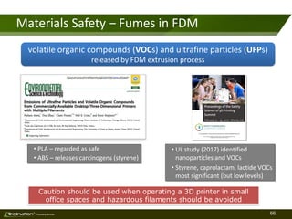 66TM
Consulting Services
Materials Safety – Fumes in FDM
• PLA – regarded as safe
• ABS – releases carcinogens (styrene)
Caution should be used when operating a 3D printer in small
office spaces and hazardous filaments should be avoided
volatile organic compounds (VOCs) and ultrafine particles (UFPs)
released by FDM extrusion process
• UL study (2017) identified
nanoparticles and VOCs
• Styrene, caprolactam, lactide VOCs
most significant (but low levels)
 