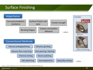 83TM
Consulting Services
Surface Finishing
Source: www.metal-am.com; www.dlyte.es; www.belairfinishing.com
Importance
Conventional Methods
Before
After finishing
Example:
Corrosion/oxidation
resistance
Surface friction and
wear
Bending fatigue
Tensile strength
Cellular and biofilm
adhesion + others
Manual sanding/polishing
Abrasive flow machining Shot peening / blasting
Vibratory grinding
Electro-polishingChemical etching
CNC Machining Electrodeposition Spray/dip-coating + others
 
