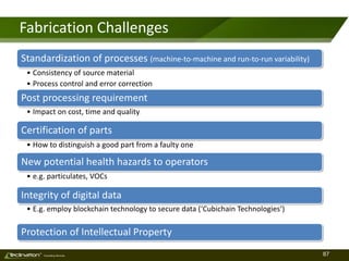 87TM
Consulting Services
Fabrication Challenges
Standardization of processes (machine-to-machine and run-to-run variability)
• Consistency of source material
• Process control and error correction
Post processing requirement
• Impact on cost, time and quality)
Certification of parts
• How to distinguish a good part from a faulty one
New potential health hazards to operators
• e.g. particulates, VOCs
Integrity of digital data
• E.g. employ blockchain technology to secure data (‘Cubichain Technologies’)
Protection of Intellectual Property
 
