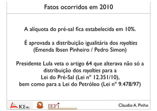 Claudio A. Pinho
Fatos ocorridos em 2010
A alíquota do pré-sal ﬁca estabelecida em 10%
É aprovada a distribuição igualitária dos royalties
(Emenda Ibsen Pinheiro / Pedro Simon)
Presidente Lula veta o artigo 64 que alterava não só a
distribuição dos royalties para a
Lei do Pré-Sal (Lei nº 12.351/10)
 