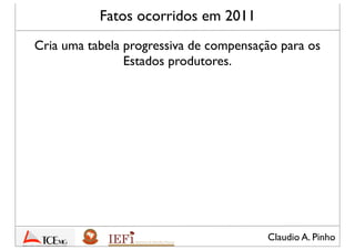Claudio A. Pinho
Fatos ocorridos em 2011
Cria uma tabela progressiva de compensação para os
Estados produtores
 