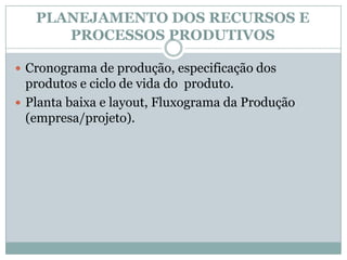 PLANEJAMENTO DOS RECURSOS E PROCESSOS PRODUTIVOSCronograma de produção, especificação dos produtos e ciclo de vida do  produto. Planta baixa e layout, Fluxograma da Produção (empresa/projeto).